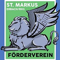 Logo des Fördervereins ist ein liegender Markuslöwe mit hochgestellten Flügeln, die die Form des Pfarrzentrums haben