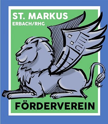 Logo des Fördervereins ist ein liegender Markuslöwe mit hochgestellten Flügeln, die die Form des Pfarrzentrums haben